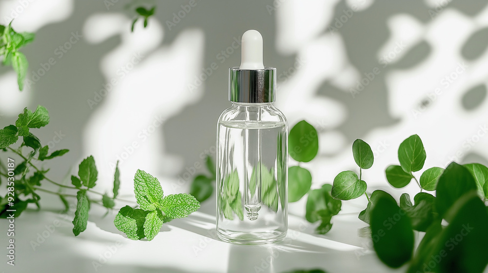 Clear glass dropper bottle over fresh green leaves on a white surface in natural light during the day Clear glass dropper bottle over fresh green leaves on a white surface in natural light during the day