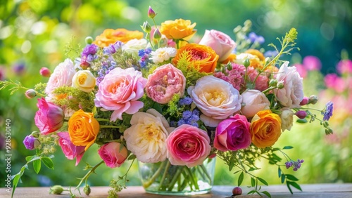 Fototapeta Naklejka Na Ścianę i Meble -  A beautiful bouquet of garden roses and wildflowers perfect for a birthday celebration