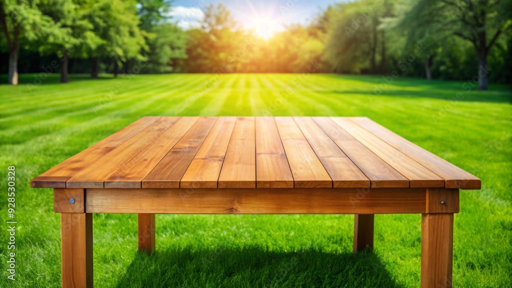 Outdoor wooden table in a grassy yard with green lawn, perfect for product placement