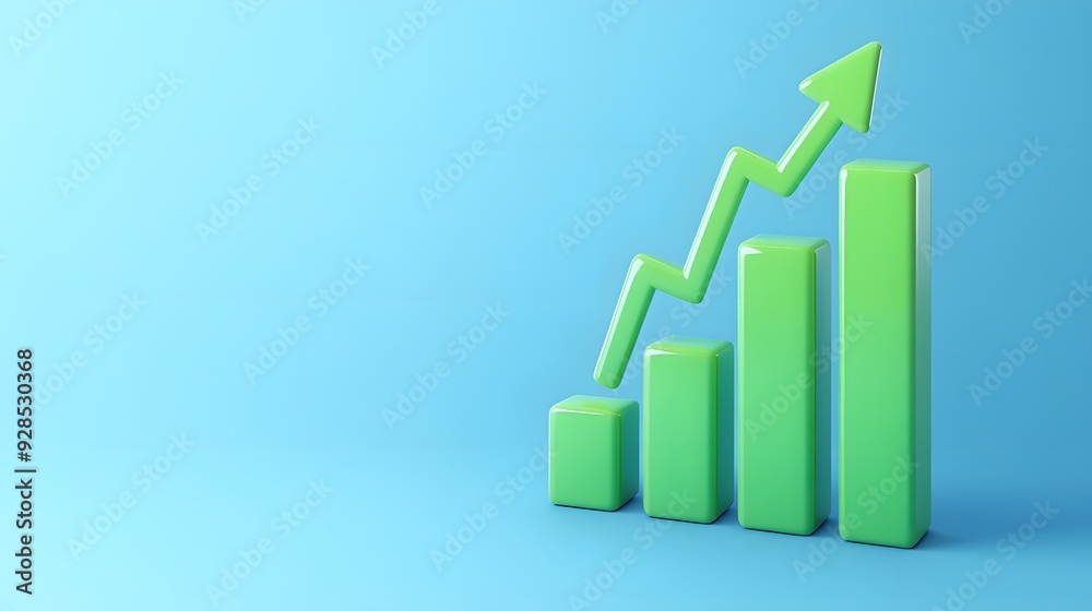 Green bar graph with upward arrow on a blue background symbolizing growth, success, or financial improvement. Green bar graph with upward arrow on a blue background symbolizing growth, success, or financial improvement.