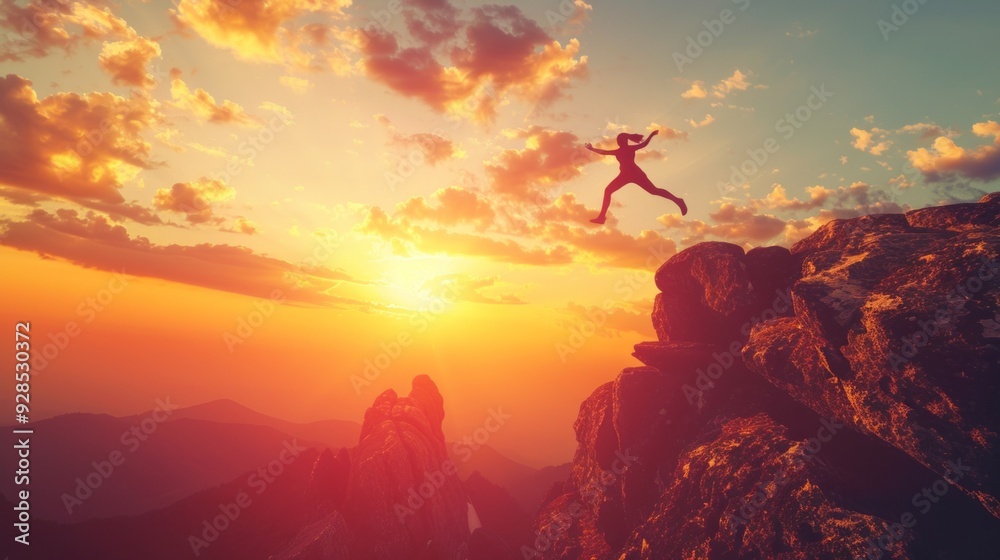 The figure leaps gracefully between two cliffs as a vibrant sunset paints the sky with colors The figure leaps gracefully between two cliffs as a vibrant sunset paints the sky with colors
