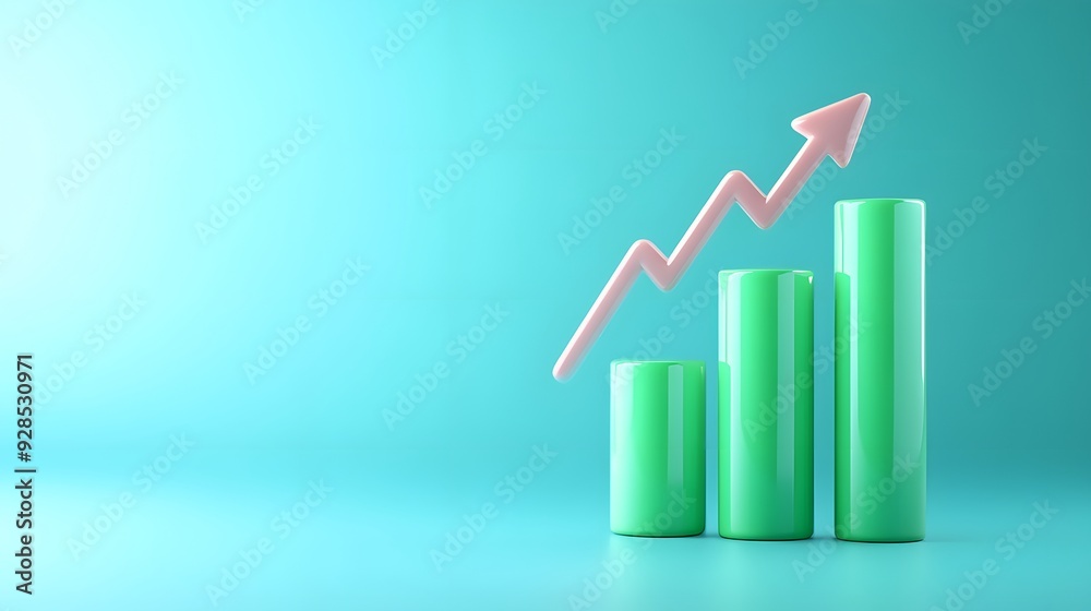Green bar graph with upward arrow on blue background illustrating business growth and success. Modern 3D design for financial presentations. Green bar graph with upward arrow on blue background illustrating business growth and success. Modern 3D design for financial presentations.