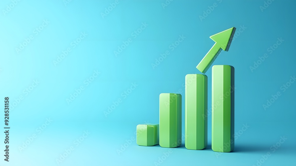 Green bar graph with upward arrow on blue background, symbolizing business growth, success, and positive financial performance. Green bar graph with upward arrow on blue background, symbolizing business growth, success, and positive financial performance.