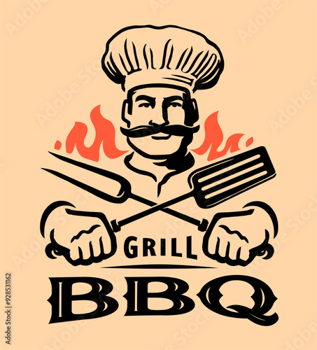 Barbecue grill label, badge for restaurant menu. Bbq food logo, emblem vector illustration