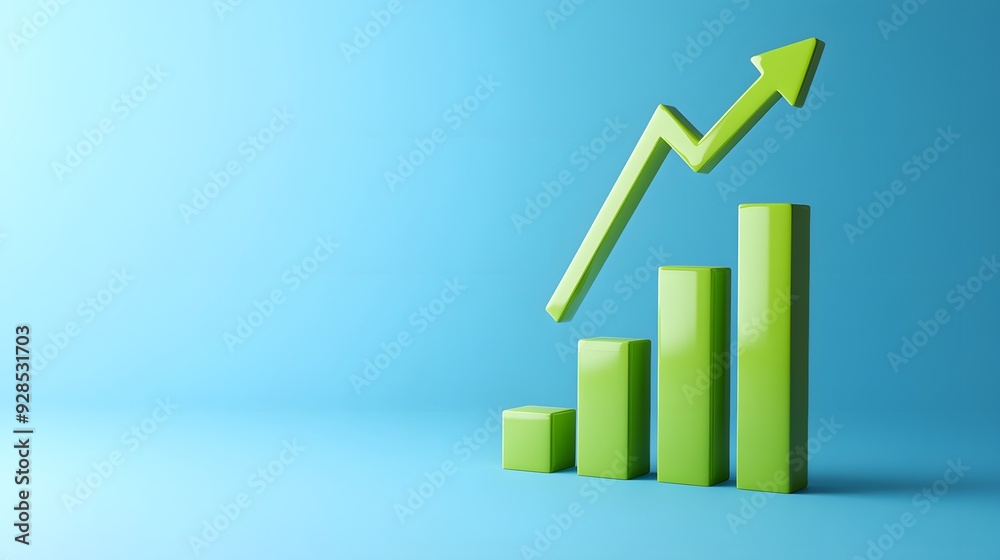 Green bar graph with upward arrow on blue background symbolizing business growth, success, and financial progress in a vibrant 3D illustration. Green bar graph with upward arrow on blue background symbolizing business growth, success, and financial progress in a vibrant 3D illustration.