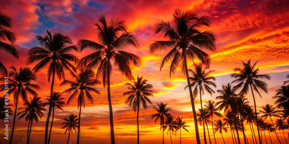 Vibrant red sunset over tropical palm trees