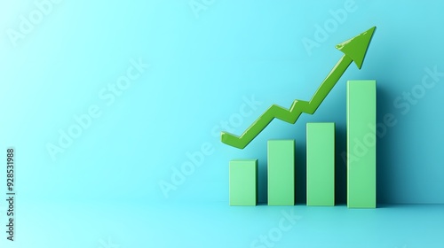 Green bar graph with upward arrow on blue background symbolizing growth, success, and positive business trends.