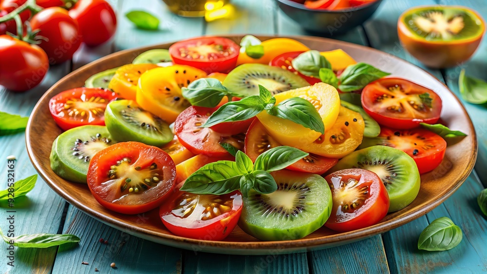 Vibrant summer salad featuring sliced heirloom tomatoes, kiwi, and fresh basil, drizzled with olive oil, against a bright background, showcasing a healthy and refreshing meal option. Vibrant summer salad featuring sliced heirloom tomatoes, kiwi, and fresh basil, drizzled with olive oil, against a bright background, showcasing a healthy and refreshing meal option.