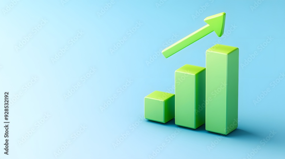 Green bar graph with upward arrow on blue background symbolizing growth, success, and business progress. Green bar graph with upward arrow on blue background symbolizing growth, success, and business progress.