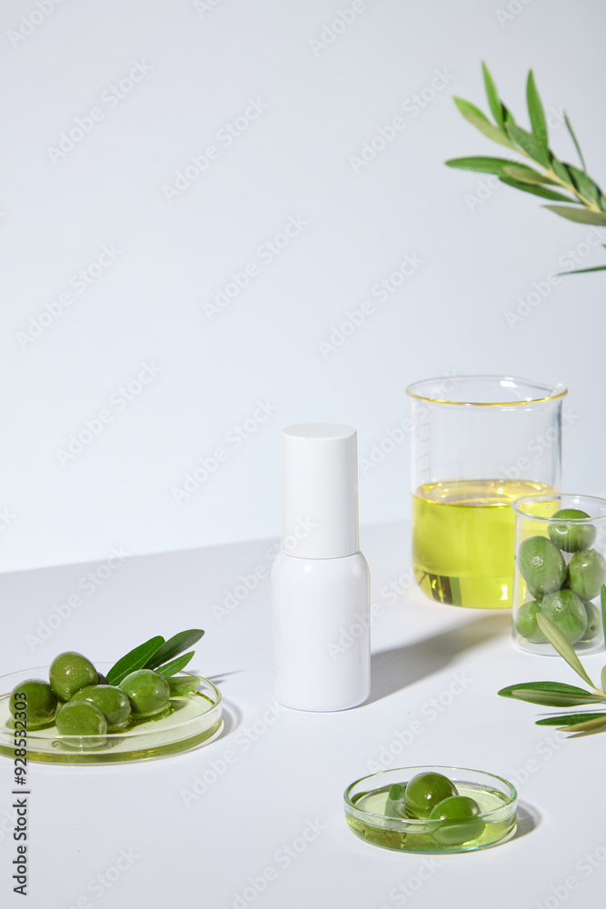 Advertising mockup for natural cosmetic product, which made from olive. Blank label white cosmetic bottle displayed in the center of white table, olive ingredient contained in glassware around Advertising mockup for natural cosmetic product, which made from olive. Blank label white cosmetic bottle displayed in the center of white table, olive ingredient contained in glassware around