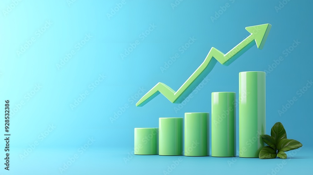 Green bar graph with upward arrow on blue background symbolizing growth, progress, and success in business or finance. Green bar graph with upward arrow on blue background symbolizing growth, progress, and success in business or finance.