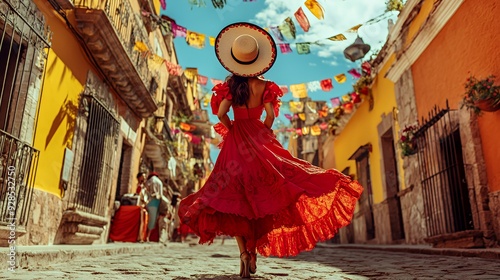 Woman in red dress walking down a cobblestone street in a colorful, festive town.