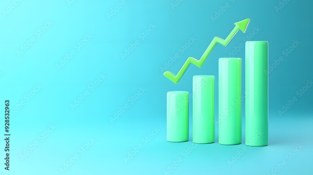 Green bar graph with upward arrow showing growth and success against a blue background, indicating business progress and financial growth. Green bar graph with upward arrow showing growth and success against a blue background, indicating business progress and financial growth.