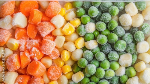 A close-up of frozen mixed vegetables, including peas, carrots, and corn, in a clear plastic bag.