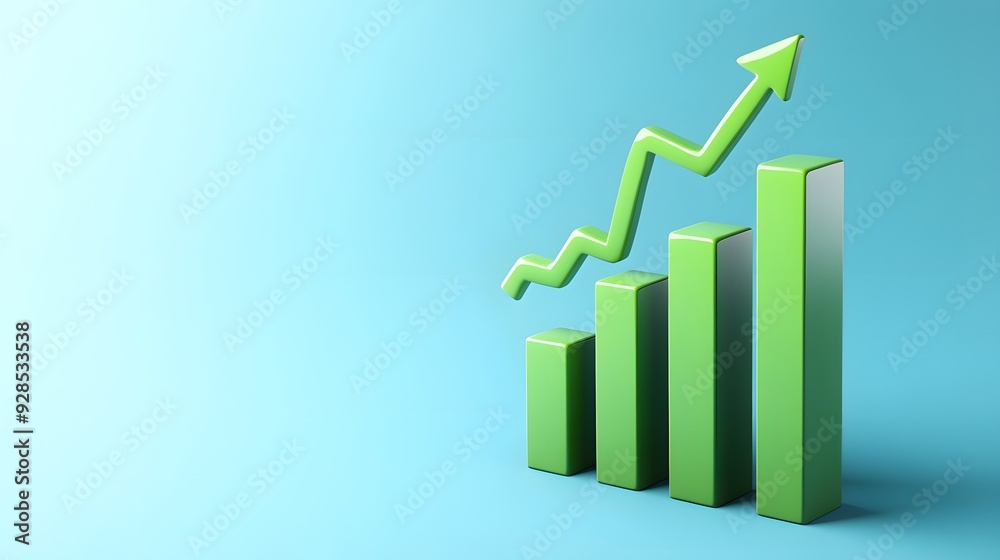 Green bar graph with upward trend and arrow on blue background, symbolizing growth, business success, and financial progress. Green bar graph with upward trend and arrow on blue background, symbolizing growth, business success, and financial progress.