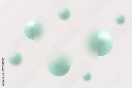 Website landing page template in glass morphism style. Frosted glass partition with floating spheres.
