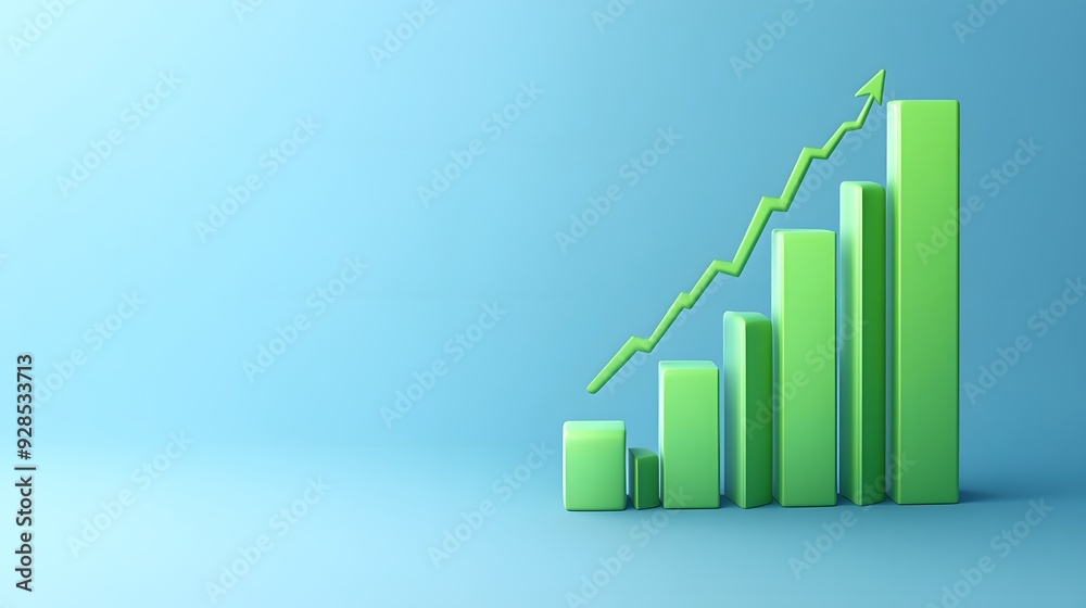 Green bar graph with upward trending arrow on blue background representing growth, success, and positive business progress. Green bar graph with upward trending arrow on blue background representing growth, success, and positive business progress.