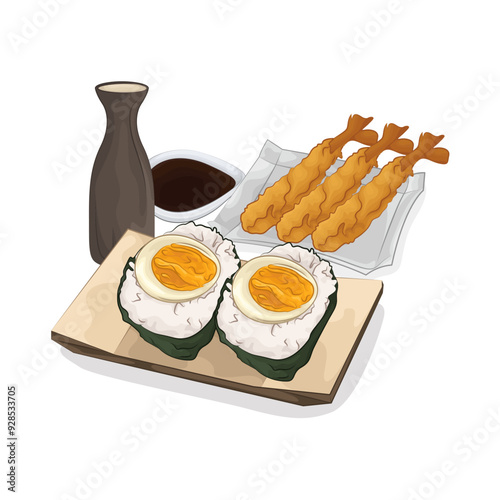 Illustration of egg onigiri and tempura with soy sauce 