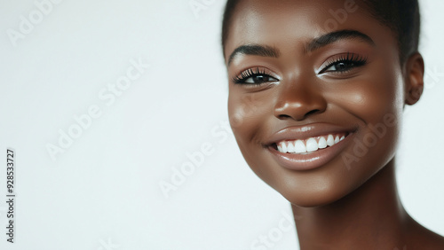 25 years old black female, copy space, smiling