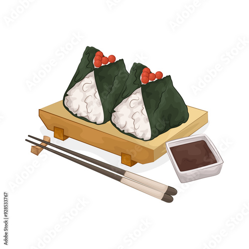 Illustration of salmon onigiri with soy sauce 