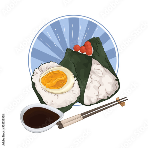 Illustration of egg onigiri and salmon onigiri with soy sauce 