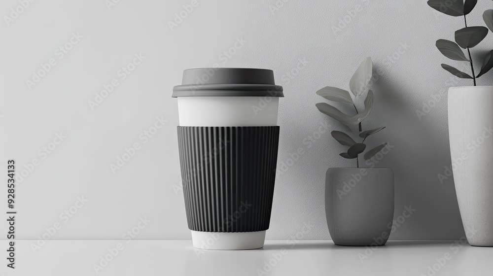 A fashionable reusable coffee cup with a durable silicone sleeve and lid, set against a minimalist background. A fashionable reusable coffee cup with a durable silicone sleeve and lid, set against a minimalist background.