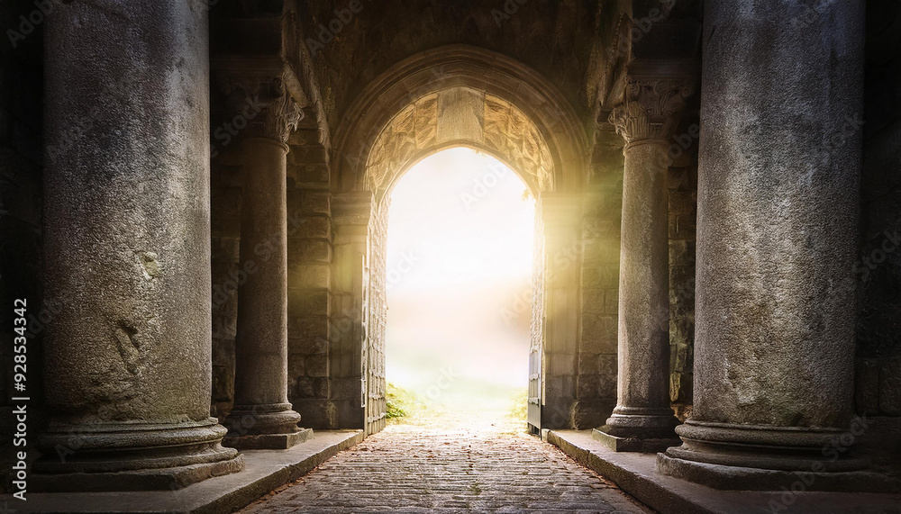 Naklejka premium Magic stone gate with light coming through pillars. Old arch. Mysterious portal to another world.