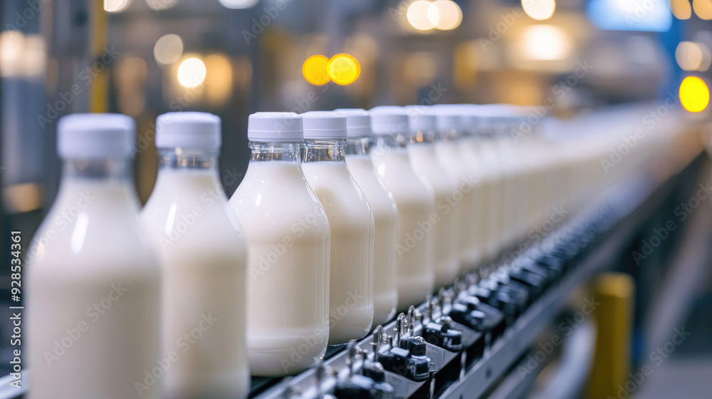 A photo of milk bottles on the production line at an industrial plant A photo of milk bottles on the production line at an industrial plant