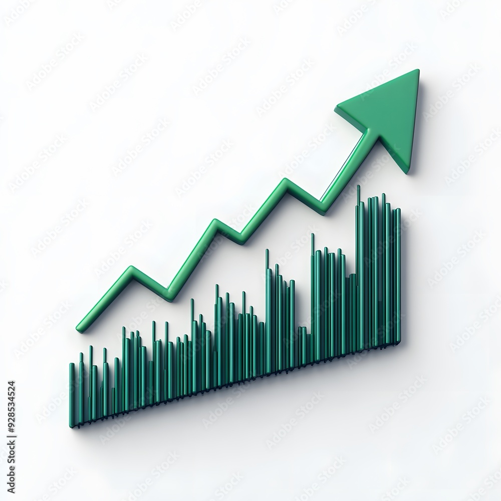 Green growth chart with upward arrow symbolizing business success, financial profit, and statistical data analysis on white background. Green growth chart with upward arrow symbolizing business success, financial profit, and statistical data analysis on white background.