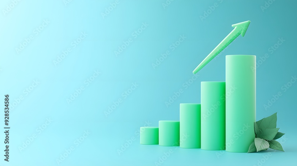 Green growth graph chart with an upward arrow indicating growth and progress on a blue background with leaves. Green growth graph chart with an upward arrow indicating growth and progress on a blue background with leaves.