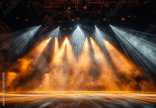 Spotlights in motion, casting streaks of light and shadow across a stage, with dust particles visible in the beams, enhancing the theatrical atmosphere