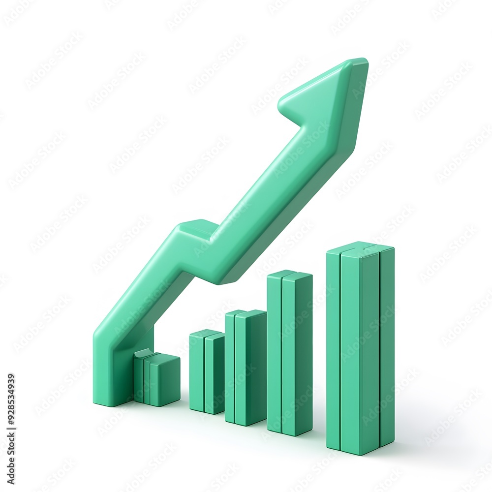 Green upward arrow and bar graph against a white background, representing growth and financial success in business. Green upward arrow and bar graph against a white background, representing growth and financial success in business.