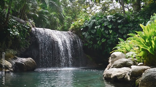 Secluded Waterfall Cascading into a Tranquil Pool Surrounded by Lush Tropical Foliage. AI generated illustration