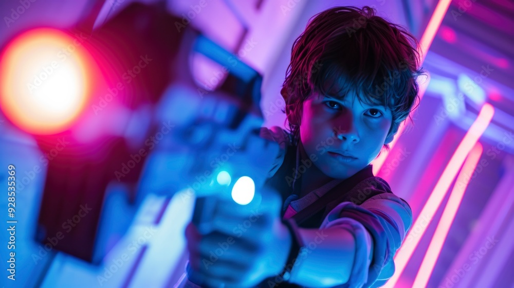 A young boy with a focused expression is holding a laser tag gun, immersed in a game. The neon lights in the background create a vibrant and exciting atmosphere. A young boy with a focused expression is holding a laser tag gun, immersed in a game. The neon lights in the background create a vibrant and exciting atmosphere.