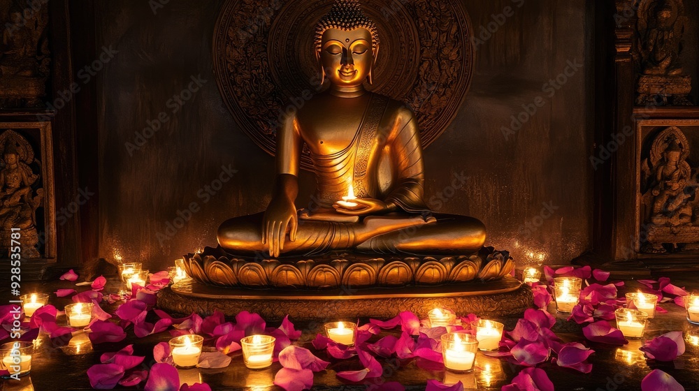 A peaceful golden Buddha statue with flower petals and candles at its base, creating a spiritual ambiance. A peaceful golden Buddha statue with flower petals and candles at its base, creating a spiritual ambiance.