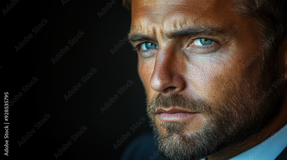 Side view portrait of a serious businessman with blue eyes and a full beard, wearing a suit, staring intensely into the camera against a black background. Side view portrait of a serious businessman with blue eyes and a full beard, wearing a suit, staring intensely into the camera against a black background.