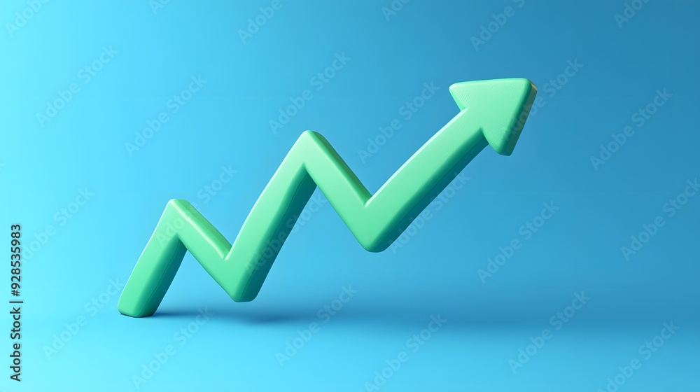 Green upward arrow on blue background representing growth, success, and financial progress in business or stock market. Green upward arrow on blue background representing growth, success, and financial progress in business or stock market.