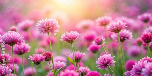 Field of pink spring or summer flowers with soft blurred background, beautiful nature setting