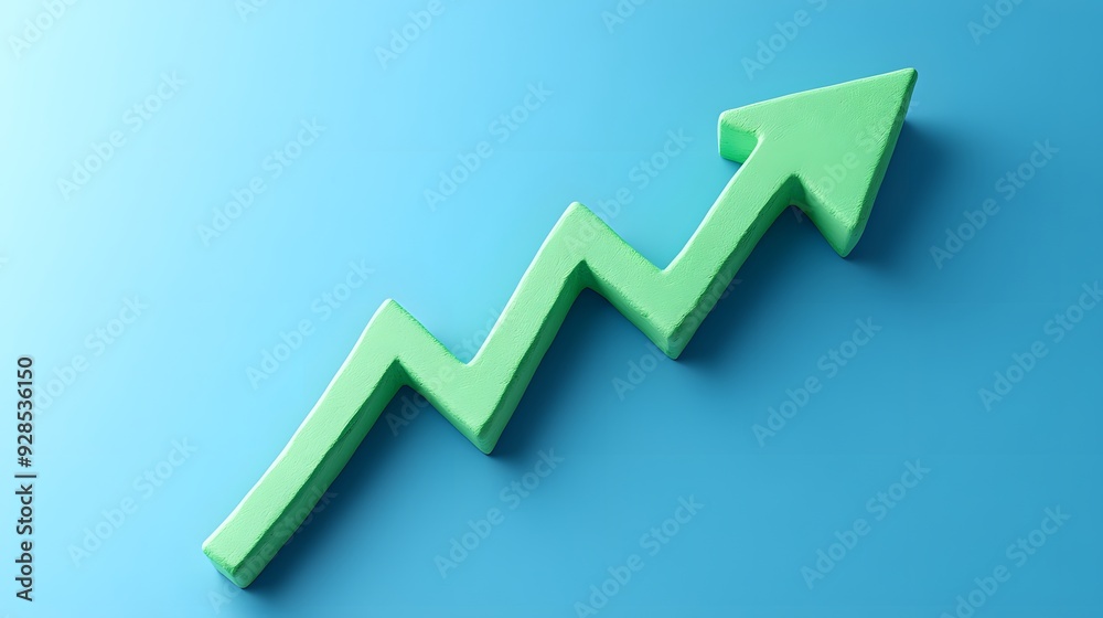 Green upward arrow on blue background symbolizing growth, success, and positive increase in statistics or financial performance. Green upward arrow on blue background symbolizing growth, success, and positive increase in statistics or financial performance.