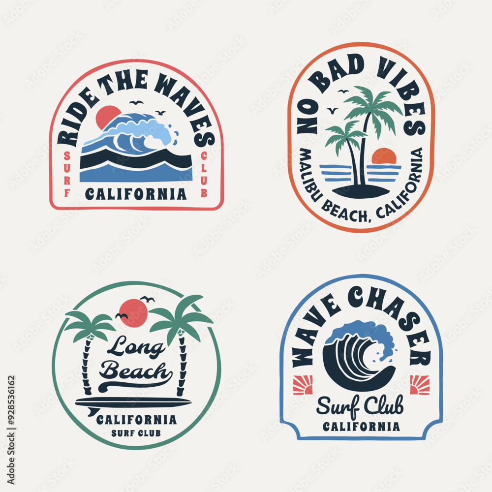 Obraz premium A set of retro-style surf club vector badges featuring ocean waves, palm trees, and sunsets. Perfect for t-shirt designs, logos, and coastal branding, evoking the California surf culture.