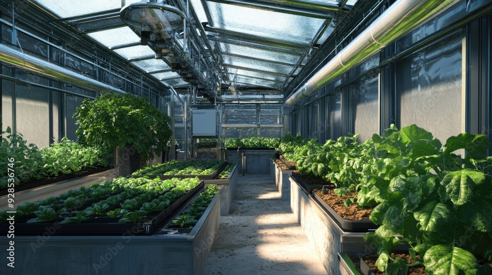 A spacious greenhouse with state-of-the-art hydroponic setups, designed for efficient and sustainable farming. A spacious greenhouse with state-of-the-art hydroponic setups, designed for efficient and sustainable farming.