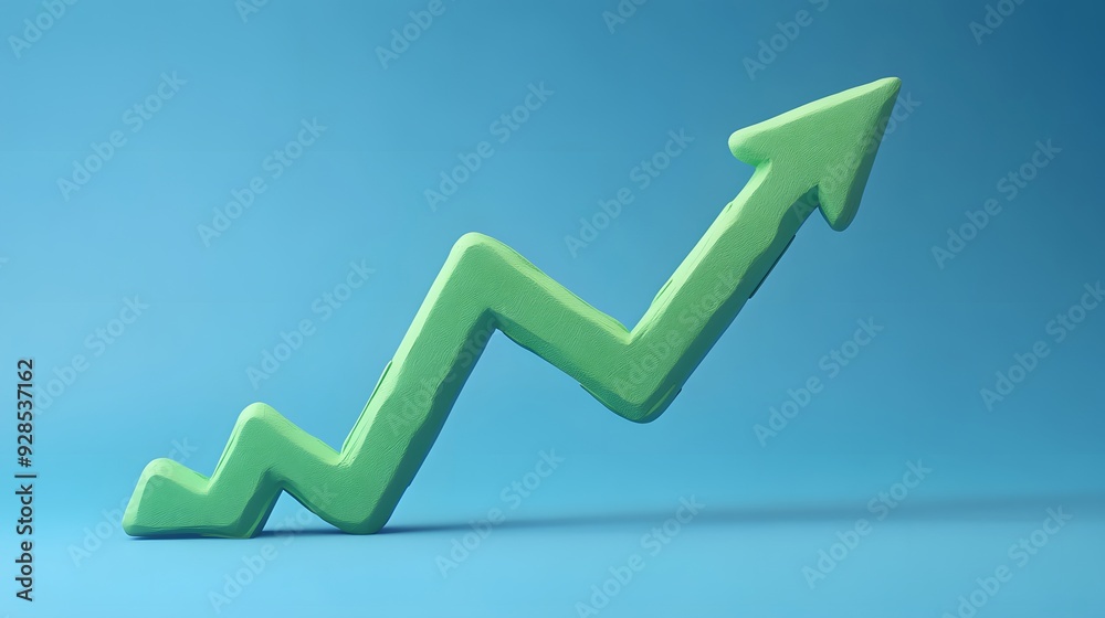 Green upward arrow zigzagging against a blue background representing growth and financial success.