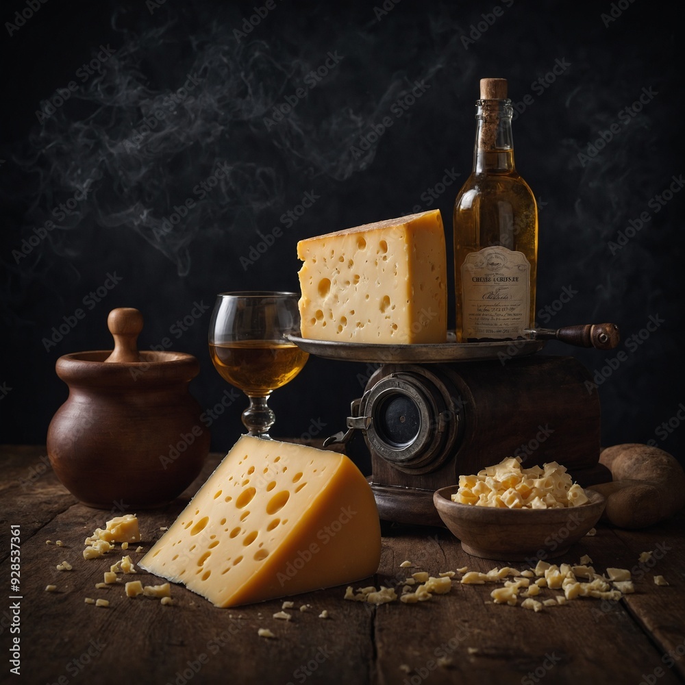 Naklejka premium Discover the craft of artisanal cheese with a refined cheese presentation featuring a variety of rich and creamy selections for any gathering