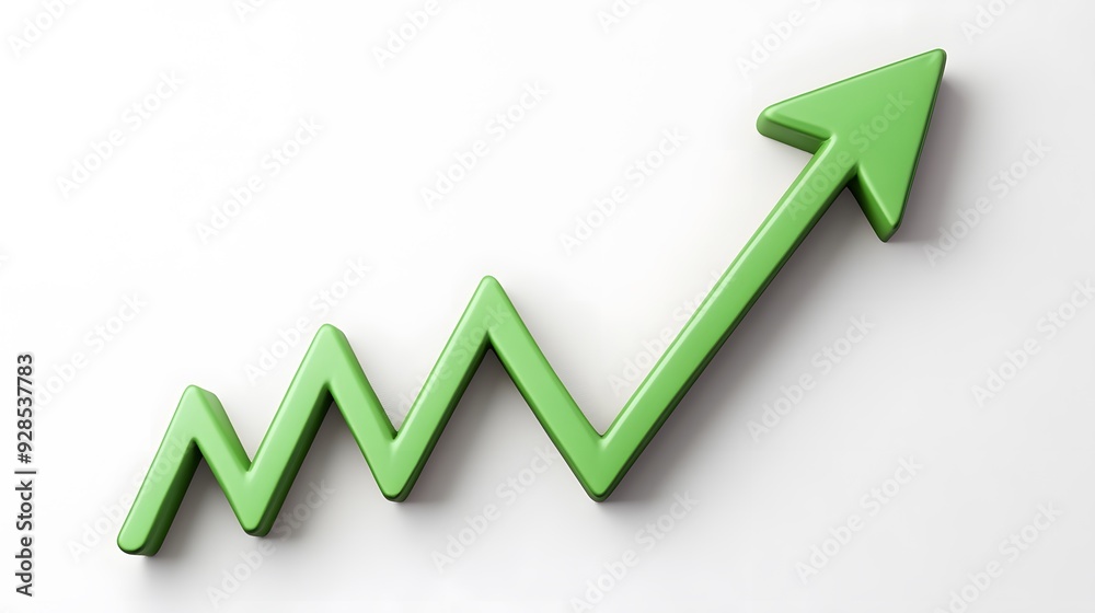 Green upward trending zigzag arrow on white background symbolizing growth, progress, success and financial increase.