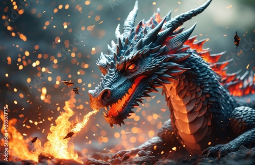 A fiery dragon with red eyes and a long tail.