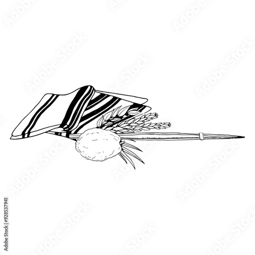 Monochrome Sukkot holiday symbols with Etrog, traditional plants and tallit ink line vector illustration. Black and white four species willow and myrtle branches, citron fruit, palm frond photo