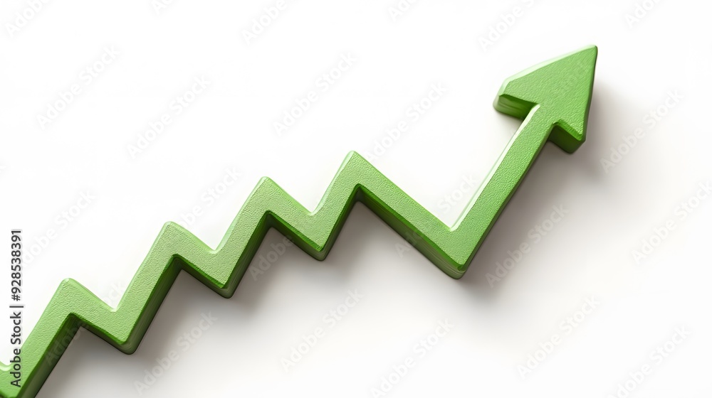 Green zigzag arrow on white background pointing upwards, representing growth, progress, and success in business or statistics. Green zigzag arrow on white background pointing upwards, representing growth, progress, and success in business or statistics.