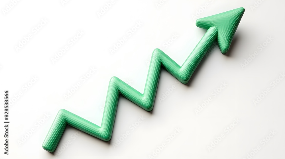 Green zigzag arrow pointing upward representing business growth, financial success, and positive trends on a white background. Green zigzag arrow pointing upward representing business growth, financial success, and positive trends on a white background.