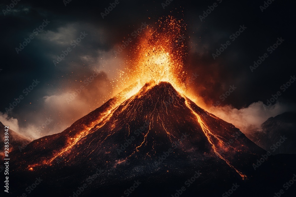 Majestic volcano erupts with glowing lava and ash against a dramatic sky, showcasing nature's raw power and beauty. Majestic volcano erupts with glowing lava and ash against a dramatic sky, showcasing nature's raw power and beauty.