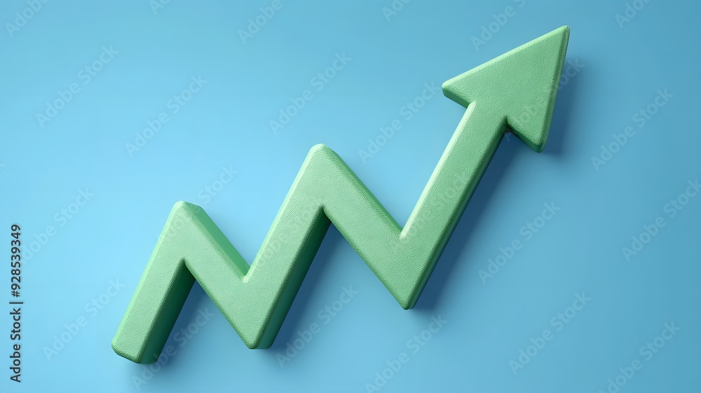 Green zigzag arrow pointing upwards symbolizing growth and success in business or finance, set against a blue background. Green zigzag arrow pointing upwards symbolizing growth and success in business or finance, set against a blue background.